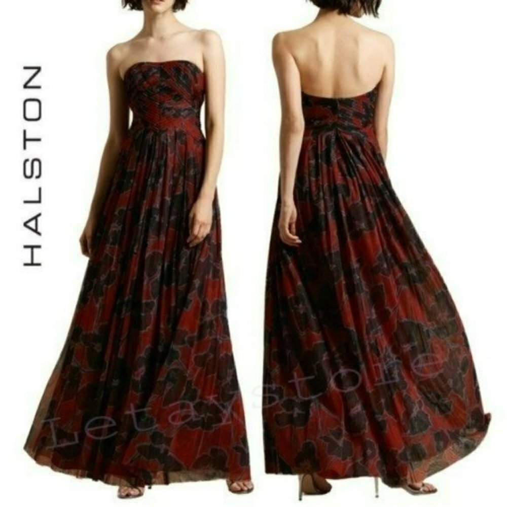 NWT Halston Strapless Floral Print Pleated Gown Maxi Dress